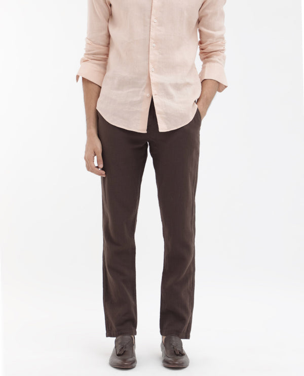 Rare Rabbit Men's Pastor-2 Brown Solid Mid-Rise With Drawstring And Elastic Waistband Regular Fit Trousers