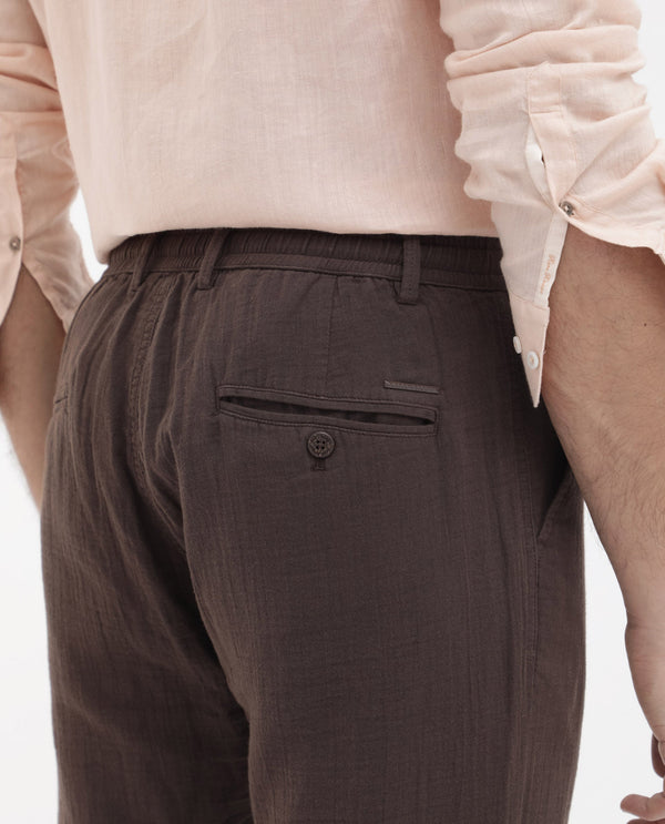 Rare Rabbit Men's Pastor-2 Brown Solid Mid-Rise With Drawstring And Elastic Waistband Regular Fit Trousers