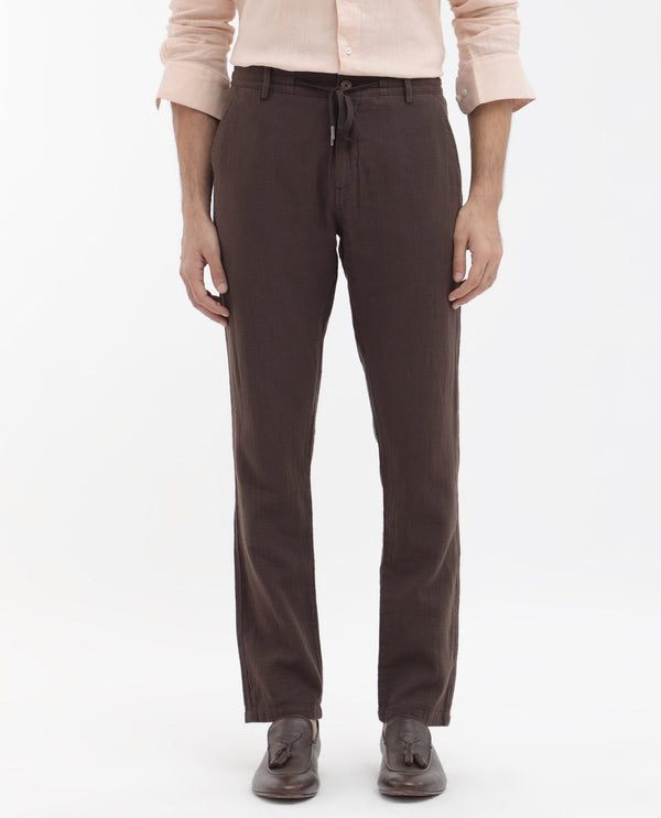 Rare Rabbit Men's Pastor-2 Brown Solid Mid-Rise With Drawstring And Elastic Waistband Regular Fit Trousers