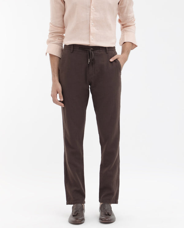 Rare Rabbit Men's Pastor-2 Brown Solid Mid-Rise With Drawstring And Elastic Waistband Regular Fit Trousers