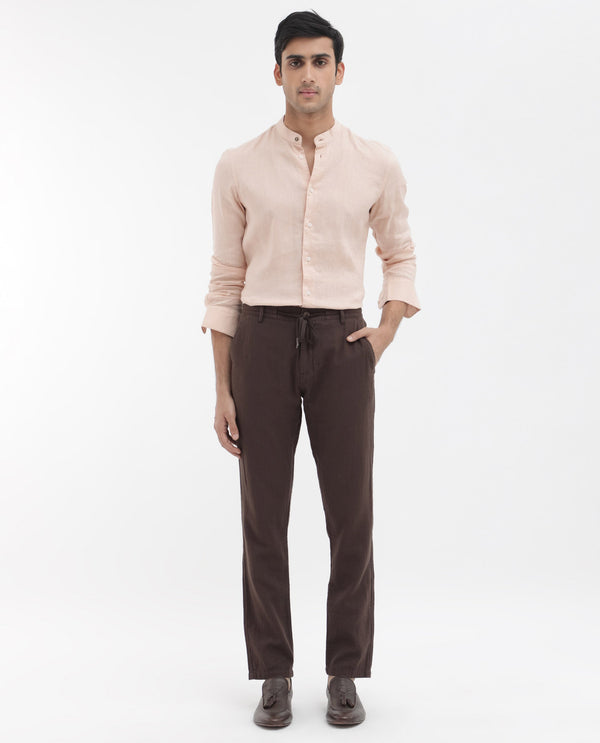 Rare Rabbit Men's Pastor-2 Brown Solid Mid-Rise With Drawstring And Elastic Waistband Regular Fit Trousers