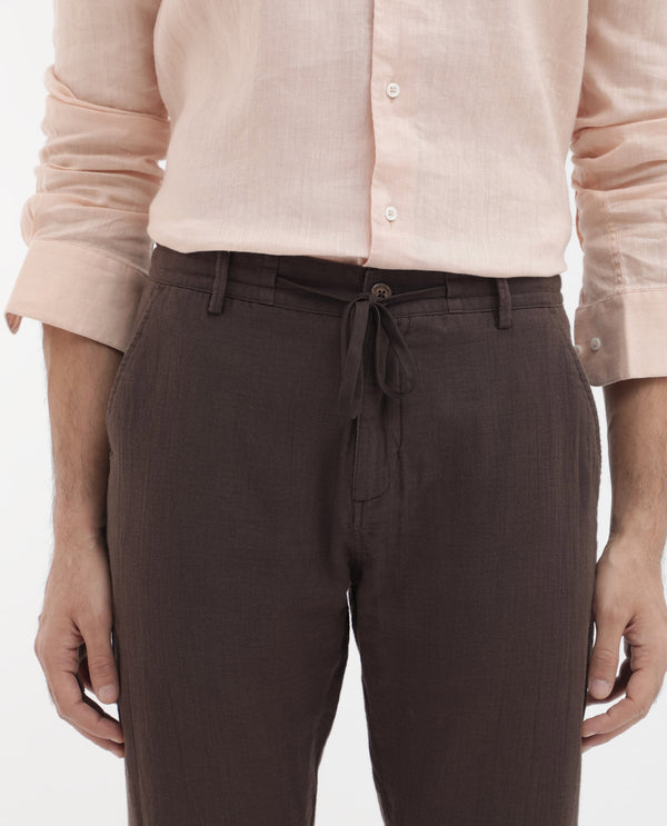 Rare Rabbit Men's Pastor-2 Brown Solid Mid-Rise With Drawstring And Elastic Waistband Regular Fit Trousers