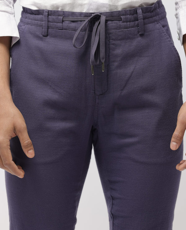 Rare Rabbit Men's Pastor-2 Dusky Purple Solid Mid-Rise With Drawstring And Elastic Waistband Regular Fit Trousers