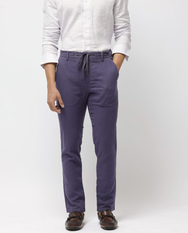 Rare Rabbit Men's Pastor-2 Dusky Purple Solid Mid-Rise With Drawstring And Elastic Waistband Regular Fit Trousers