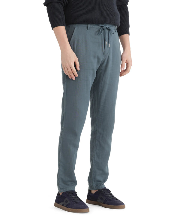 Rare Rabbit Men Pastor-25 Teal Cotton Elastane Fabric Drawstring Closure Plain Trouser