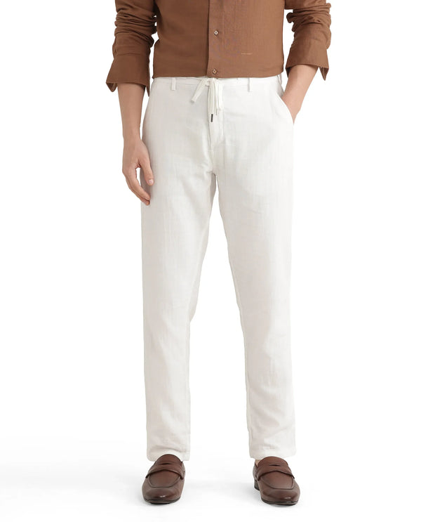 Rare Rabbit Men Pastor-25 White Cotton Elastane Fabric Drawstring Closure Plain Trouser