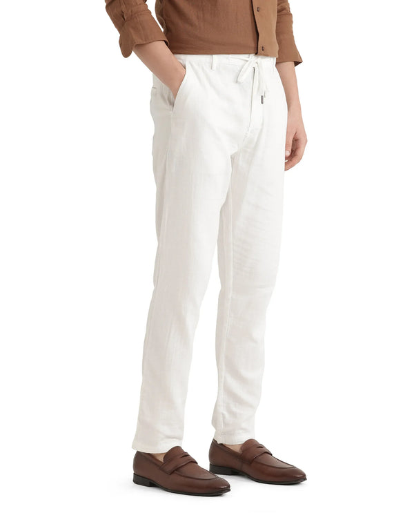 Rare Rabbit Men Pastor-25 White Cotton Elastane Fabric Drawstring Closure Plain Trouser
