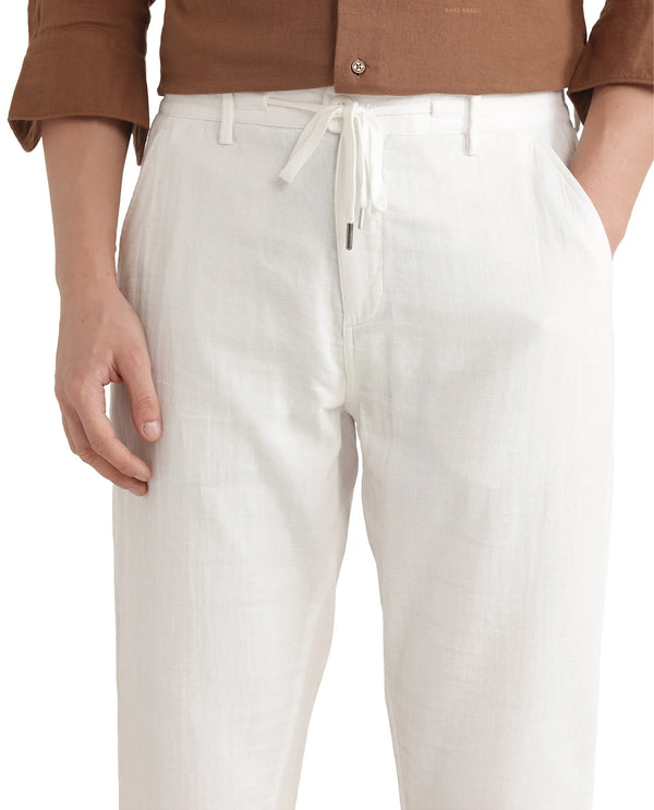 Rare Rabbit Men Pastor-25 White Cotton Elastane Fabric Drawstring Closure Plain Trouser