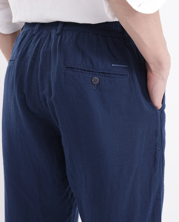 Rare Rabbit Men Pastor-3 Navy Drawstring Closure Plain Trouser