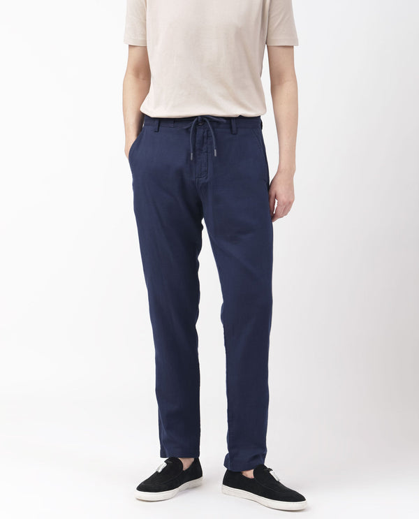 Rare Rabbit Men's Pastor Dark Blue Solid Mid-Rise With Drawstring And Elastic Waistband Regular Fit Trouser