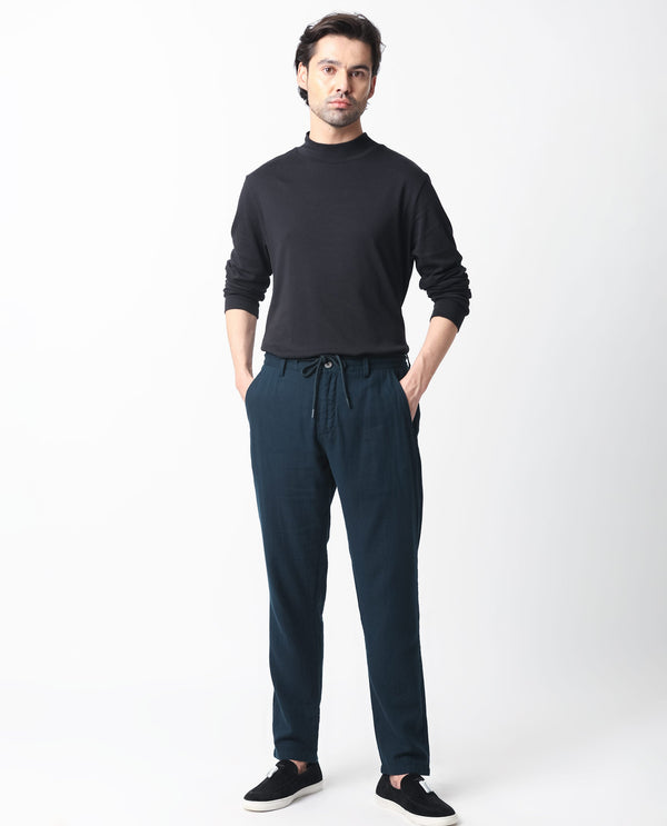 Rare Rabbit Men's Pastor Dark Petrol Solid Mid-Rise With Drawstring And Elastic Waistband Regular Fit Trouser