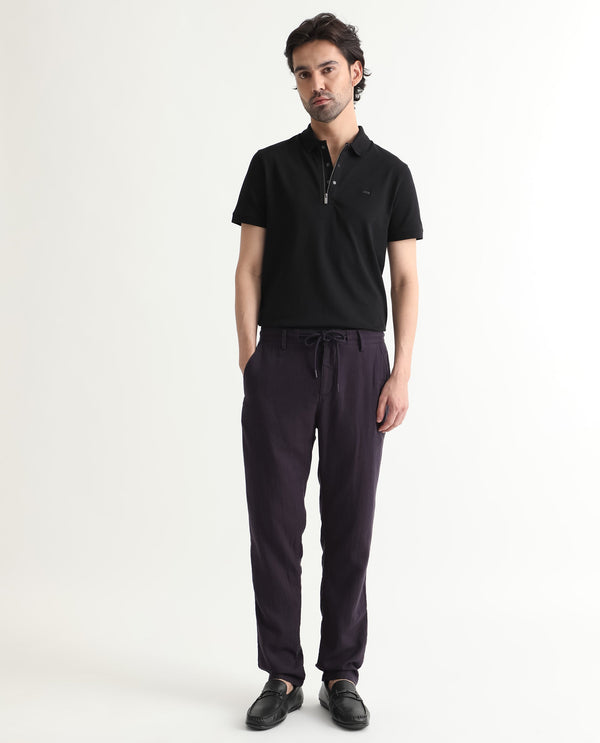 Rare Rabbit Men's Pastor Dark Purple Solid Mid-Rise With Drawstring And Elastic Waistband Regular Fit Trouser