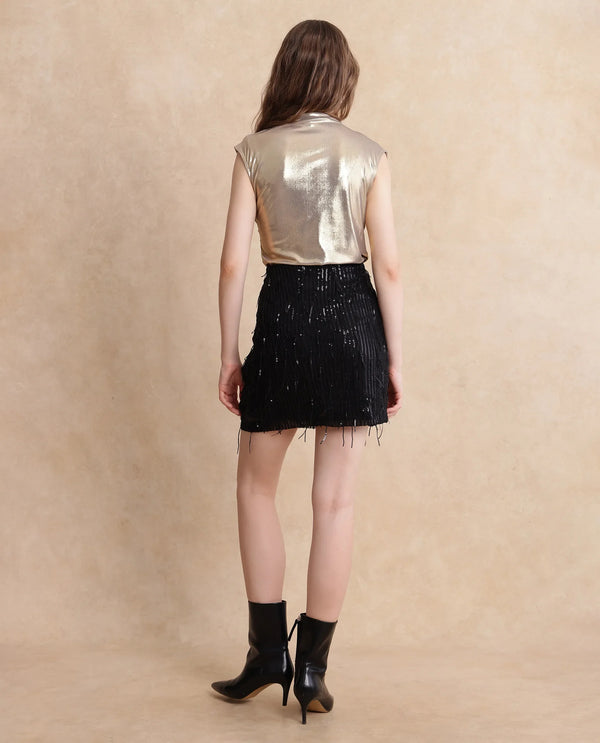 Rareism Women Paulo Metallic Black Cotton Fabric Sequined Mini Skirt