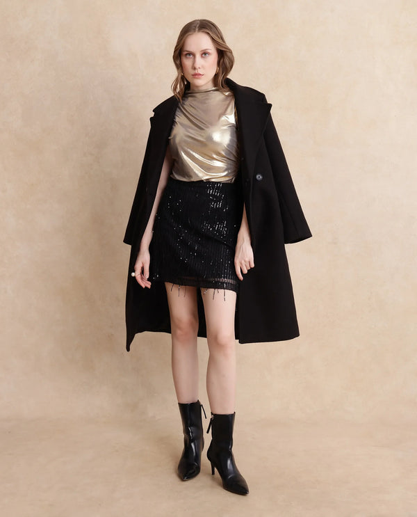 Rareism Women Paulo Metallic Black Cotton Fabric Sequined Mini Skirt