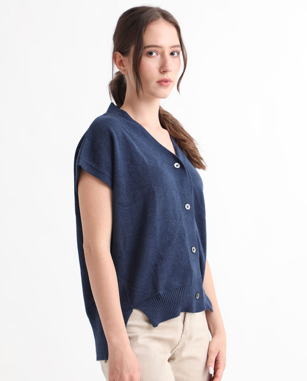 Rareism Women Pave Blue Cotton Fabric Half Sleeves Regular Fit Solid V-Neck Sweater