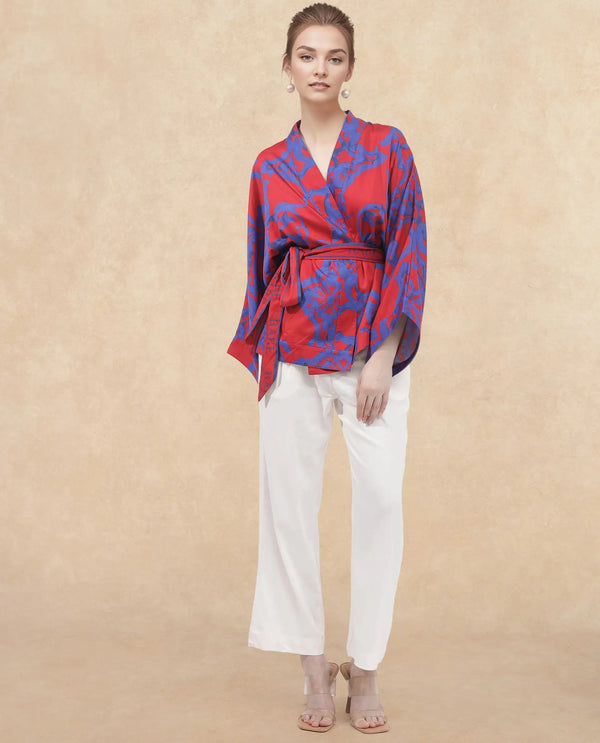 Rareism Women Pavell Red Cotton Fabric Full Sleeve Collared Neck Floral Print Regular Length Top