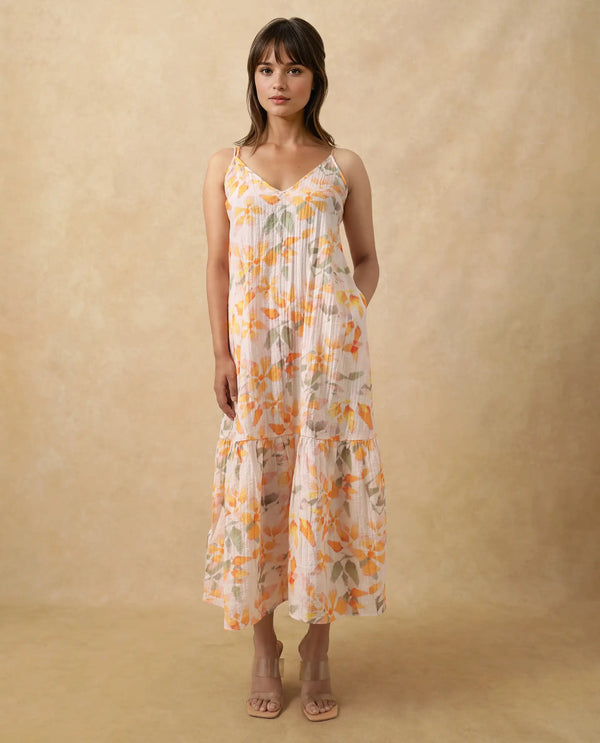 Rareism Women's Pavia Multi  Shoulder Straps Tie-Up Closure Sleeveless Floral Print A-Line Maxi Dress