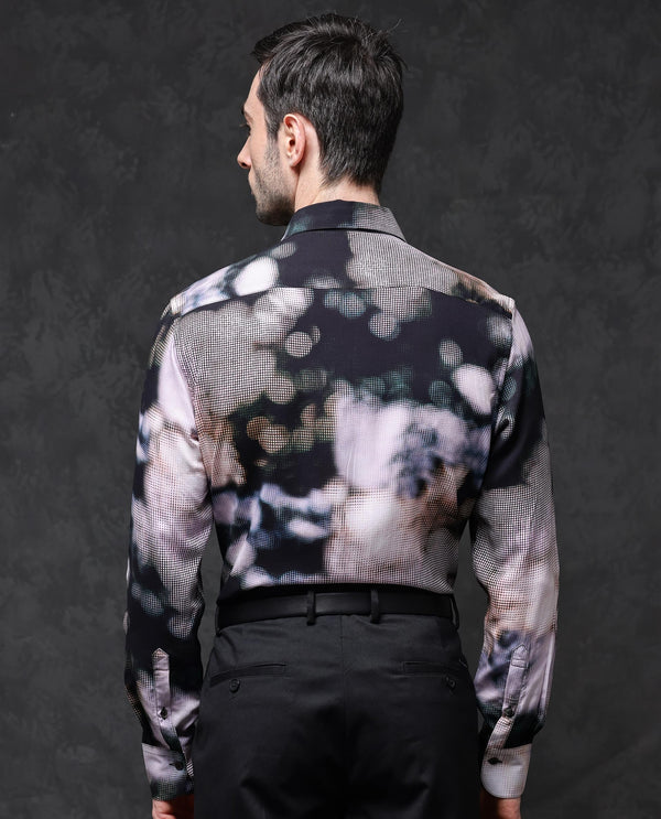 Rare Rabbit Mens Pavo Black Full Sleeve Abstract Print Viscose Fabric Shirt