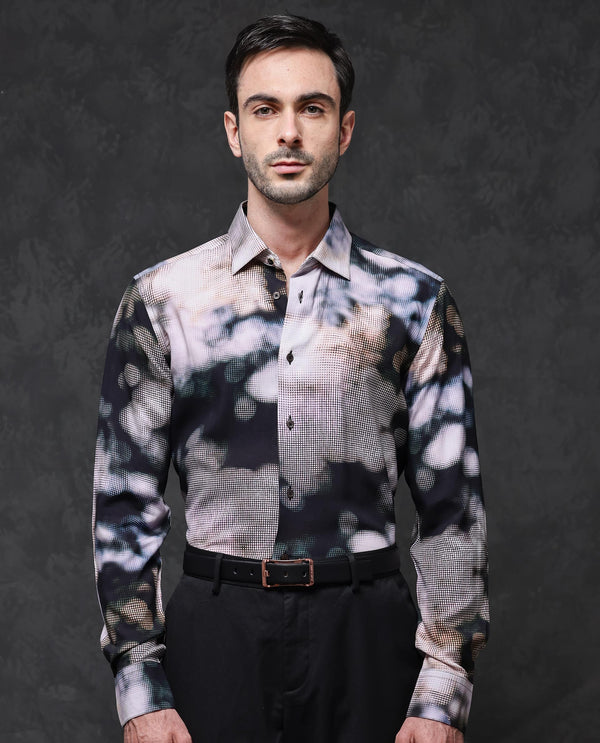 Rare Rabbit Mens Pavo Black Full Sleeve Abstract Print Viscose Fabric Shirt