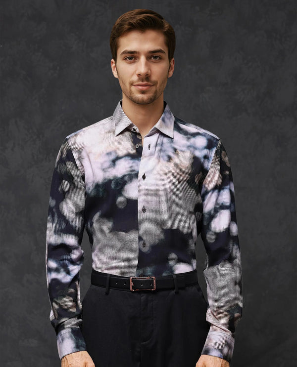 Rare Rabbit Mens Pavo Black Full Sleeve Abstract Print Viscose Fabric Shirt