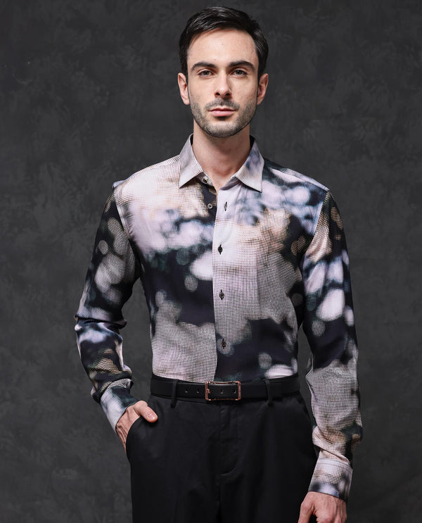 Rare Rabbit Mens Pavo Black Full Sleeve Abstract Print Viscose Fabric Shirt