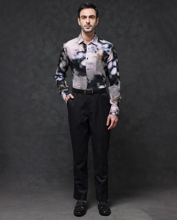 Rare Rabbit Mens Pavo Black Full Sleeve Abstract Print Viscose Fabric Shirt