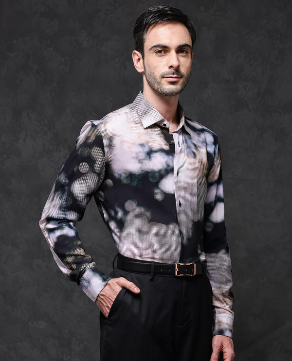 Rare Rabbit Mens Pavo Black Full Sleeve Abstract Print Viscose Fabric Shirt