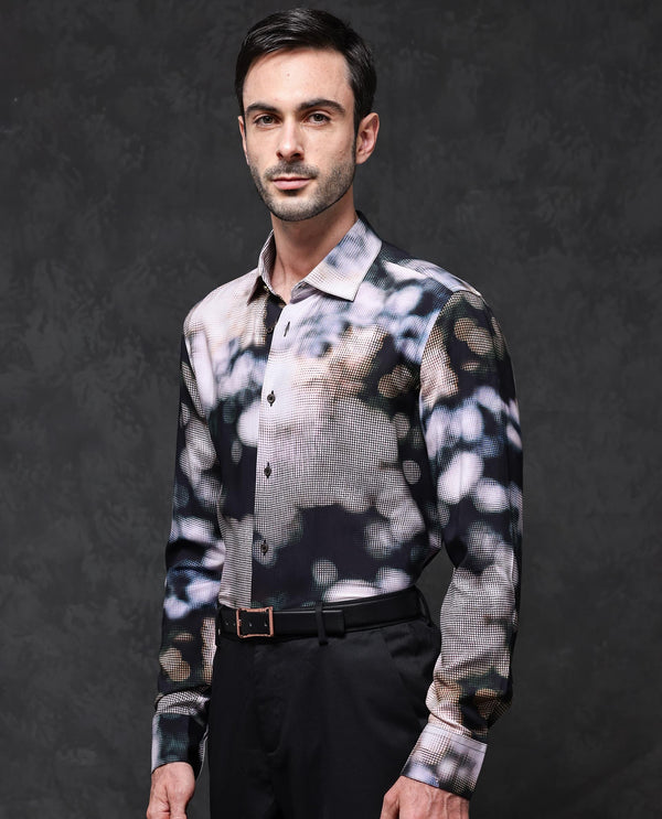 Rare Rabbit Mens Pavo Black Full Sleeve Abstract Print Viscose Fabric Shirt