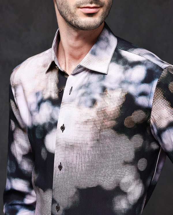 Rare Rabbit Mens Pavo Black Full Sleeve Abstract Print Viscose Fabric Shirt