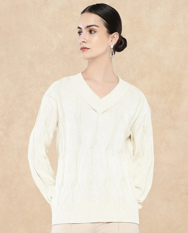 Rareism Women Pax Off White Oversized Fit Plain Sweater