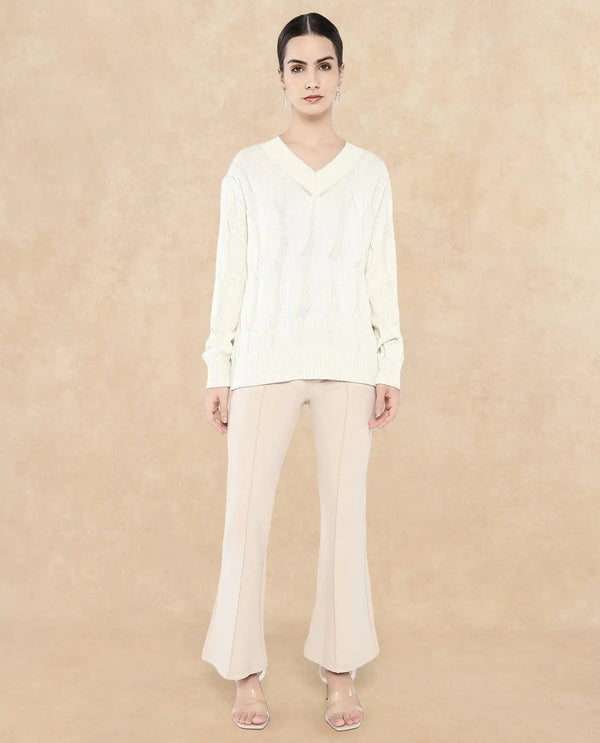 Rareism Women Pax Off White Oversized Fit Plain Sweater