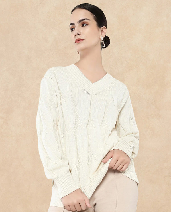 Rareism Women Pax Off White Oversized Fit Plain Sweater