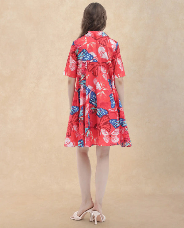 Rareism Women Payne Multi Cotton Fabric Short Sleeve Round Neck Floral Print Knee Length Dress
