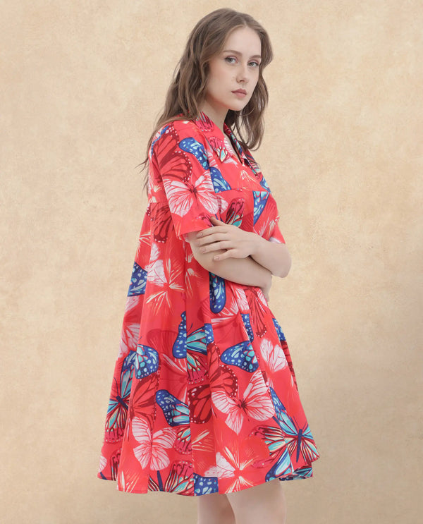 Rareism Women Payne Multi Cotton Fabric Short Sleeve Round Neck Floral Print Knee Length Dress
