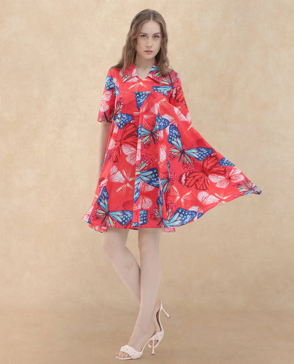 Rareism Women Payne Multi Cotton Fabric Short Sleeve Round Neck Floral Print Knee Length Dress