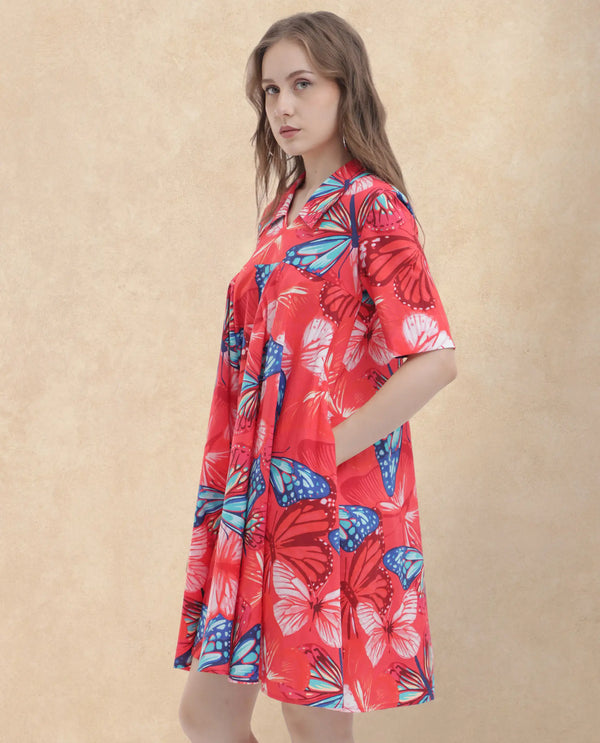 Rareism Women Payne Multi Cotton Fabric Short Sleeve Round Neck Floral Print Knee Length Dress