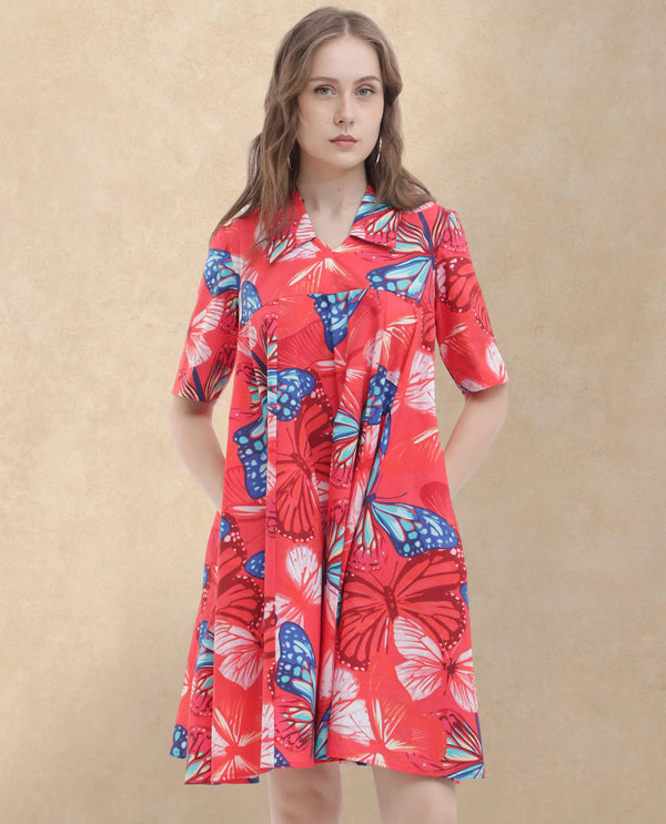 Rareism Women Payne Multi Cotton Fabric Short Sleeve Round Neck Floral Print Knee Length Dress