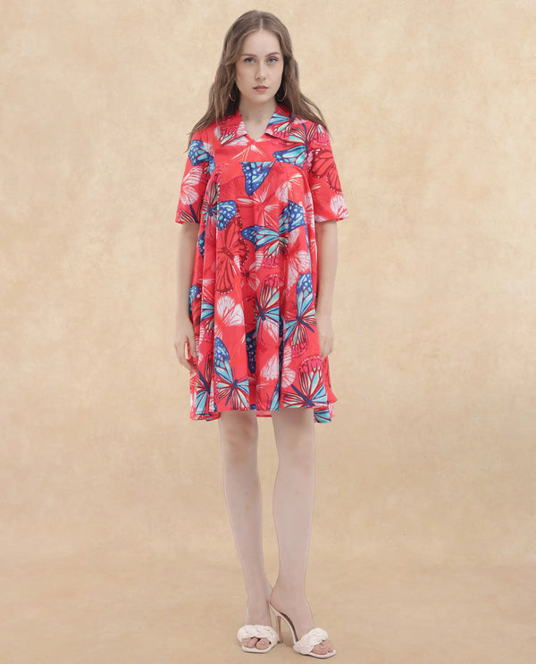 Rareism Women Payne Multi Cotton Fabric Short Sleeve Round Neck Floral Print Knee Length Dress