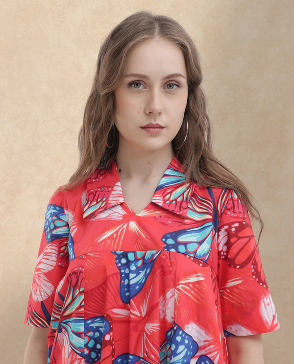 Rareism Women Payne Multi Cotton Fabric Short Sleeve Round Neck Floral Print Knee Length Dress