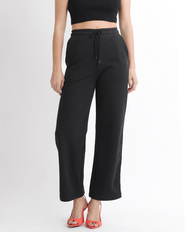 Rareism Women Pazoo F Black Cotton Blend Fabric Flared Solid Mid Rise Ankle Length Track Pant