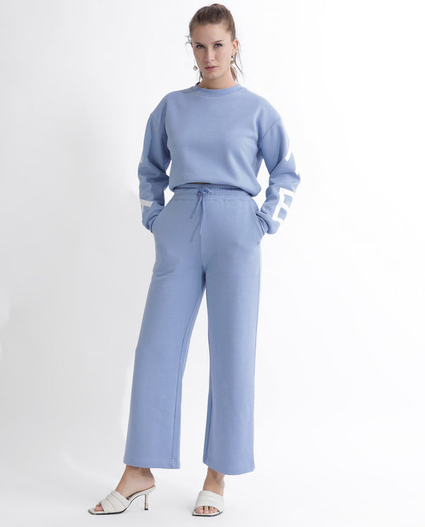 Rareism Women Pazoo F Light Blue Cotton Blend Fabric Flared Solid Mid Rise Ankle Length Track Pant
