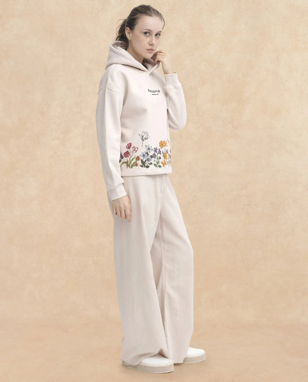 Rareism Articale Women Pearson Beige Poly Cotton Fabric Full Sleeves Cuffed Sleeve Hooded Regular Fit Floral Print Sweatshirt