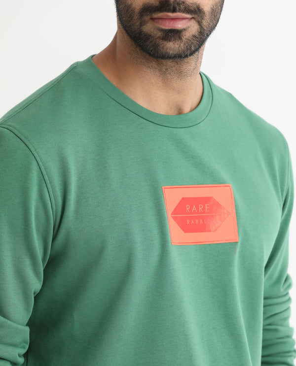 Rare Rabbit Men's Pectin Green Cotton Polyester Fabric Full Sleeves Graphic Print Sweatshirt
