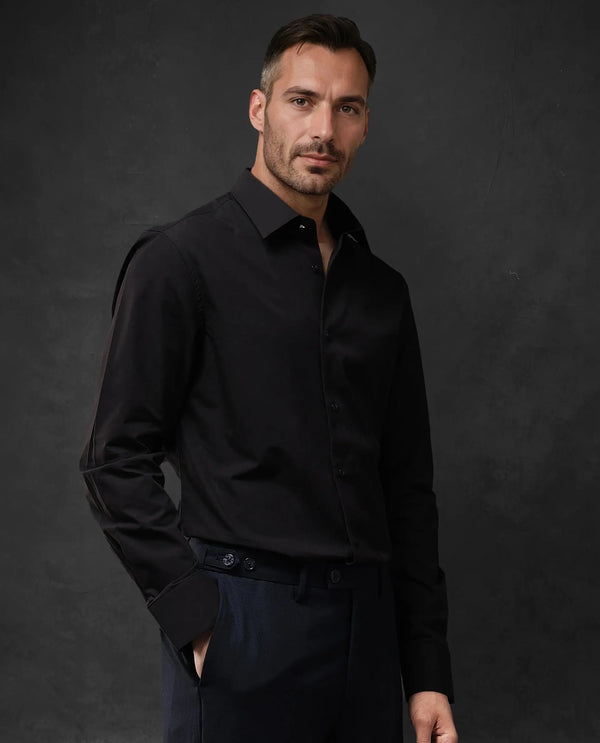 Rare Rabbit Men Pedron Black Cotton Fabric Full Sleeve Regular Fit Solid Party Shirt