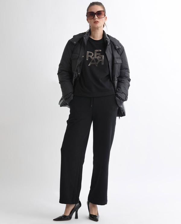 Rareism Articale Women Peggy Black Poly Cotton Fabric Full Sleeves Cuffed Sleeve Ribbed Collar Relaxed Fit Graphic Print Sweatshirt