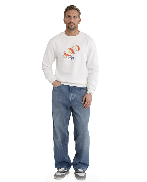 Rare Rabbit Men Pend White Cotton Blend Full Sleeve Crew Neck Boxy Fit Printed Sweatshirt