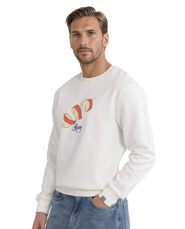 Rare Rabbit Men Pend White Cotton Blend Full Sleeve Crew Neck Boxy Fit Printed Sweatshirt