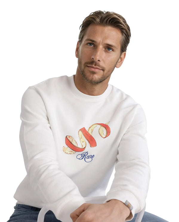 Rare Rabbit Men Pend White Cotton Blend Full Sleeve Crew Neck Boxy Fit Printed Sweatshirt