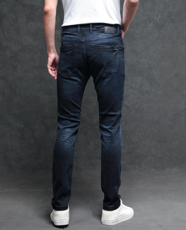 Rare Rabbit Men's Penelope Navy Mid Wash Mid-Rise Slim Fit Jeans