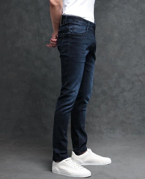 Rare Rabbit Men's Penelope Navy Mid Wash Mid-Rise Slim Fit Jeans